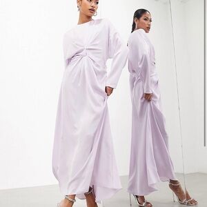 Satin Twist Detail Long Sleeve Maxi Dress in lilac